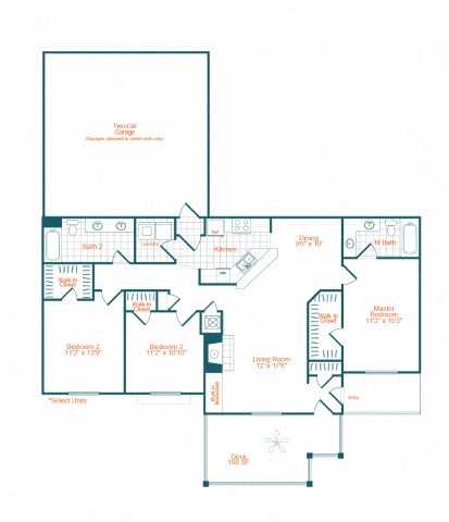 Floor plan for 3 beds, 2 baths, 1400 sqft