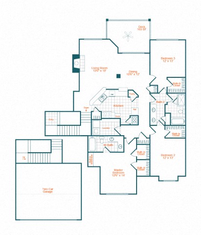 Floor plan for 3 beds, 2 baths, 1980 sqft