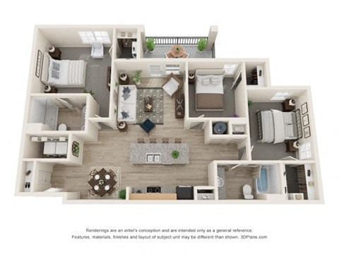 Floor plan for 3 beds, 2 baths, 1360 sqft