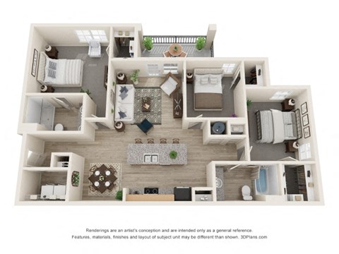 Floor plan for 3 beds, 2 baths, 1360 sqft