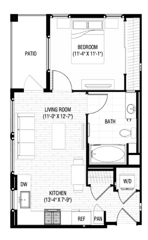 Floor plan for 1 bed, 1 bath, 590 sqft