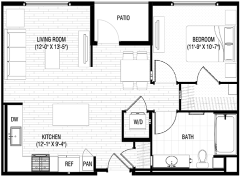 Floor plan for 1 bed, 1 bath, 750 sqft