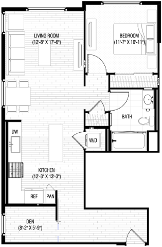 Floor plan for 1 bed, 1 bath, 825 sqft