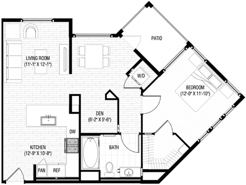 Floor plan for 1 bed, 1 bath, 833 sqft