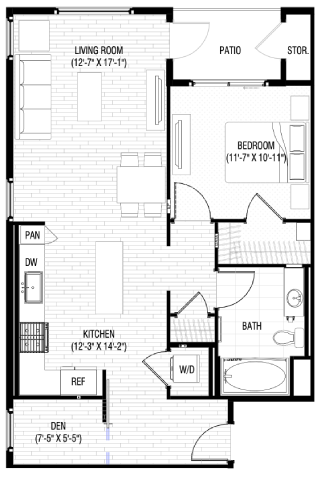 Floor plan for 1 bed, 1 bath, 846 sqft