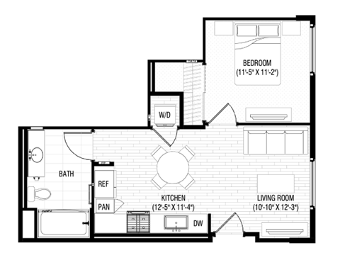 Floor plan for 1 bed, 1 bath, 592 sqft