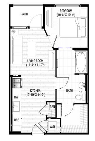 Floor plan for 1 bed, 1 bath, 607 sqft