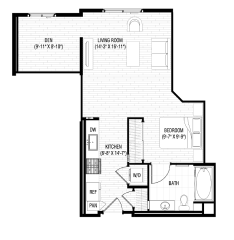 Floor plan for 1 bed, 1 bath, 623 sqft