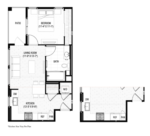 Floor plan for 1 bed, 1 bath, 642 sqft