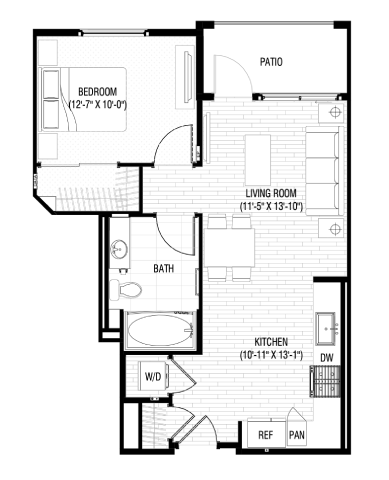 Floor plan for 1 bed, 1 bath, 664 sqft