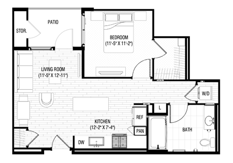 Floor plan for 1 bed, 1 bath, 691 sqft