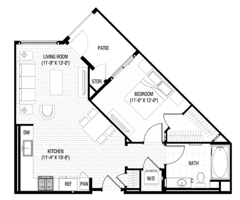 Floor plan for 1 bed, 1 bath, 697 sqft