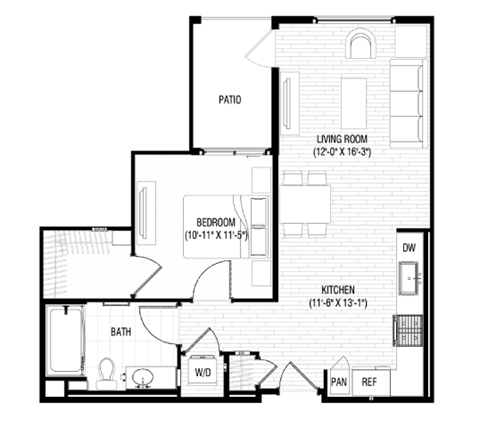 Floor plan for 1 bed, 1 bath, 713 sqft