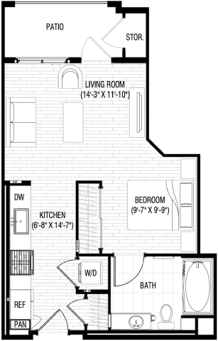 Floor plan for studio, 1 bath, 523 sqft