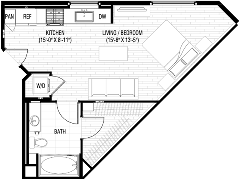 Floor plan for studio, 1 bath, 536 sqft