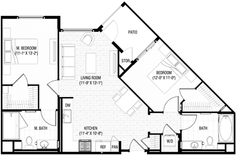 Floor plan for 2 beds, 2 baths, 1011 sqft