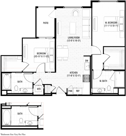 Floor plan for 2 beds, 2 baths, 1081 sqft
