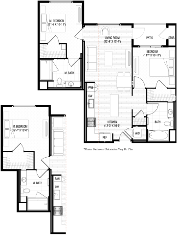 Floor plan for 2 beds, 2 baths, 1075 sqft