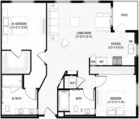 Floor plan for 2 beds, 2 baths, 1167 sqft