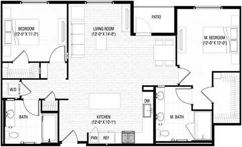 Floor plan for 2 beds, 2 baths, 1232 sqft