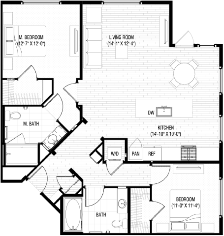Floor plan for 2 beds, 2 baths, 1233 sqft