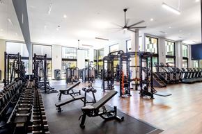 North Hollywood apartment for rent - a gym with weights and cardio equipment and glass walls