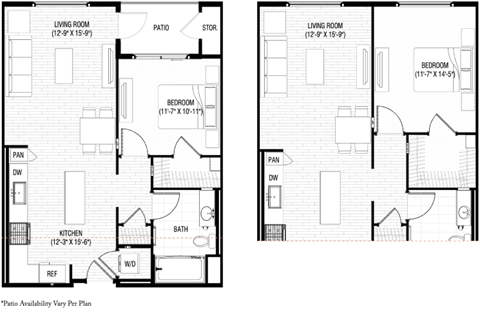 Floor plan for 1 bed, 1 bath, 747 sqft