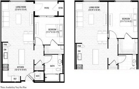 Floor plan for 1 bed, 1 bath, 744 sqft