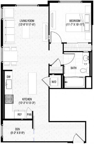Floor plan for 1 bed, 1 bath, 825 sqft