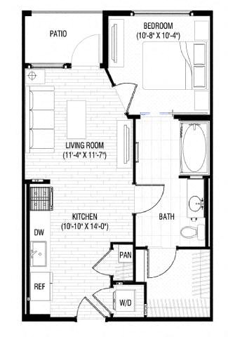 Floor plan for 1 bed, 1 bath, 607 sqft
