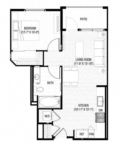 Floor plan for 1 bed, 1 bath, 664 sqft