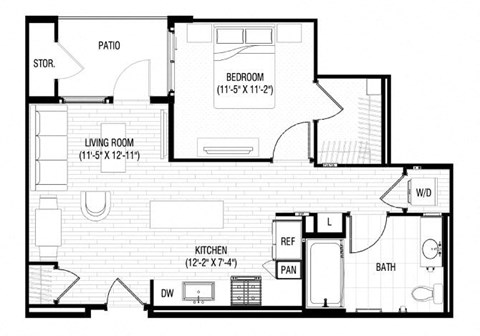 Floor plan for 1 bed, 1 bath, 689 sqft