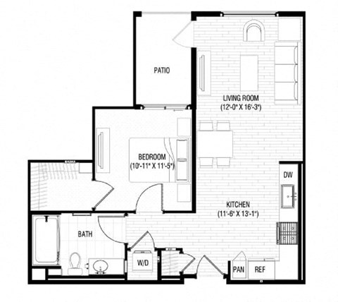 Floor plan for 1 bed, 1 bath, 710 sqft