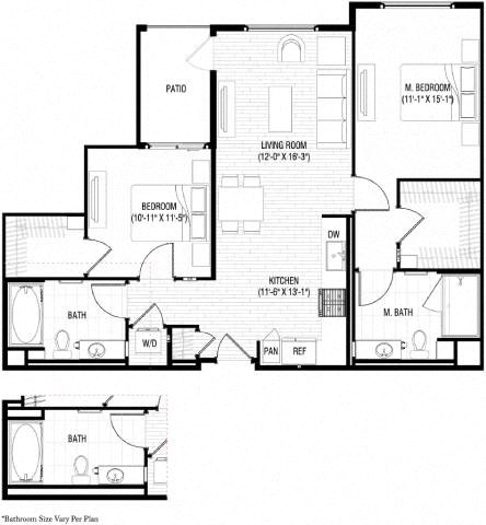 Floor plan for 2 beds, 2 baths, 1079 sqft