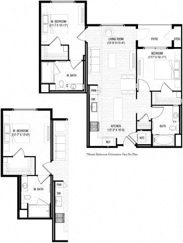 Floor plan for 2 beds, 2 baths, 1043 sqft