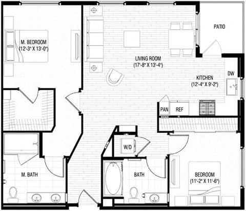 Floor plan for 2 beds, 2 baths, 1167 sqft