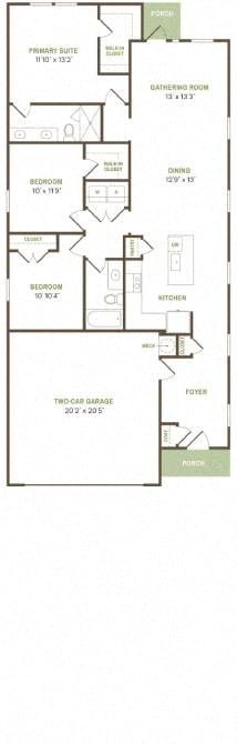 Floor plan for 3 beds, 2 baths, 1418 sqft