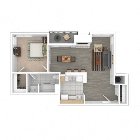 Floor plan for 1 bed, 1 bath, 722 sqft
