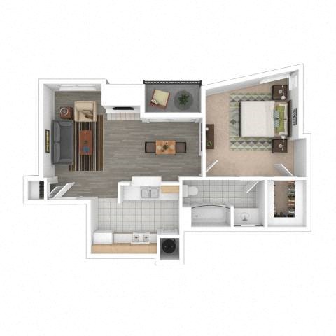 Floor plan for 1 bed, 1 bath, 728 sqft