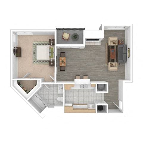 Floor plan for 1 bed, 1 bath, 729 sqft