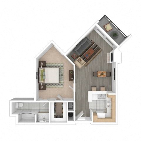 Floor plan for 1 bed, 1 bath, 698 sqft