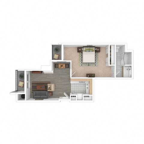 Floor plan for 1 bed, 1 bath, 717 sqft