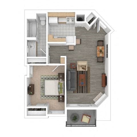 Floor plan for 1 bed, 1 bath, 708 sqft