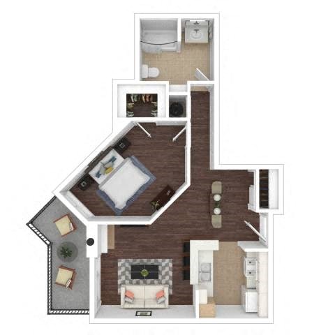Floor plan for 1 bed, 1 bath, 888 sqft
