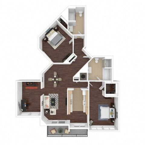Floor plan for 2 beds, 2 baths, 1445 sqft