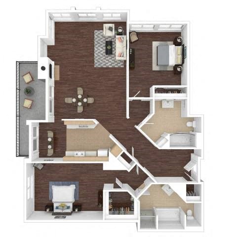 Floor plan for 2 beds, 2 baths, 1228 sqft