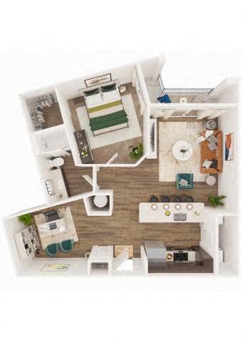 Floor plan for 1 bed, 1 bath, 982 sqft