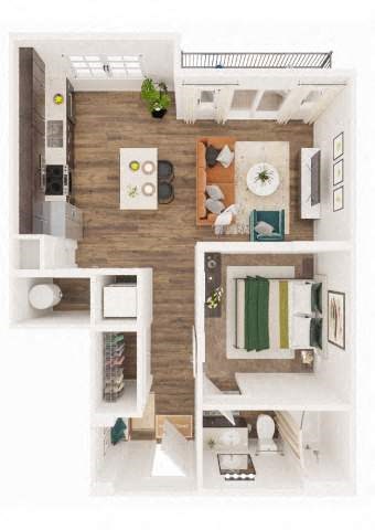 Floor plan for studio, 1 bath, 673 sqft