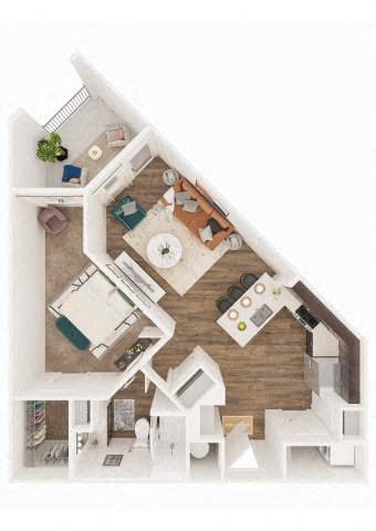 Floor plan for 1 bed, 1 bath, 760 sqft