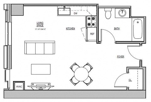 Floor plan for studio, 1 bath, 548 sqft